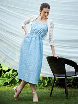 AAREIN - Women Blue Floral Printed A-Line Midi Dress with Jacket (Set of 2)