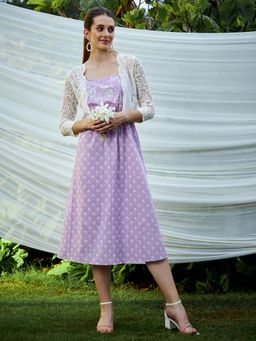 AAREIN - Lavender Floral Cotton A-Line Midi Dress with Jacket (Set of 2)