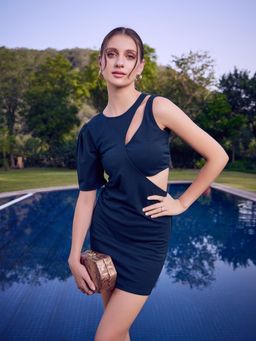 AAREIN - Cut-Out Detailed Round Neck Sheath Dress - Teal