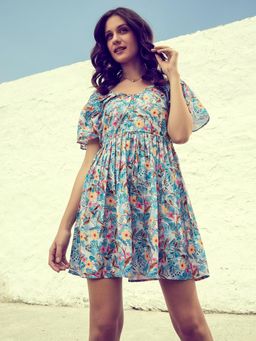 AAREIN - Floral Print Crepe Fit Flare Dress - Blue
