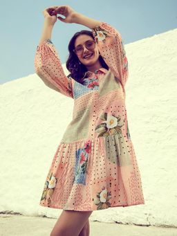 AAREIN - Peach Green Floral Printed Shirt Collar Drop-Waist Dress