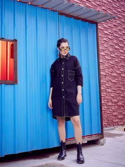 AAREIN - Blue Shirt Collar Pure Cotton Shirt Dress