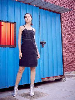 AAREIN - Navy Blue Shoulder Straps Pure Cotton A-Line Dress