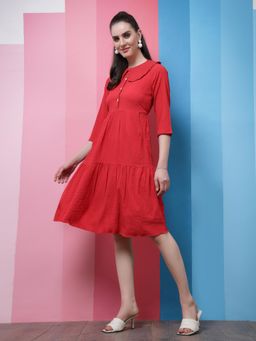 AAREIN - Red Self Design Collar Flounce Hem A-Line Dress