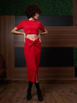 AAREIN - Round Neck Short Sleeves Cut-Outs Sheath Midi Dress - Red