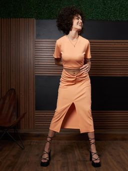 AAREIN - Round Neck Short Sleeves Cut-Outs Sheath Midi Dress - Peach