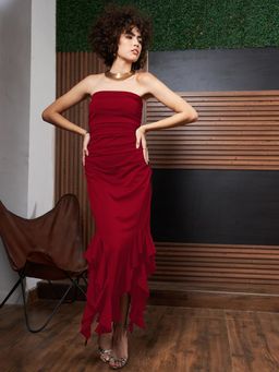 AAREIN - Red Ruffled Strapless Asymmetric Hem Maxi Dress
