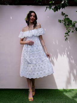 AAREIN - Off-Shoulder Flutter Sleeves Cotton Fit and Flare Dress