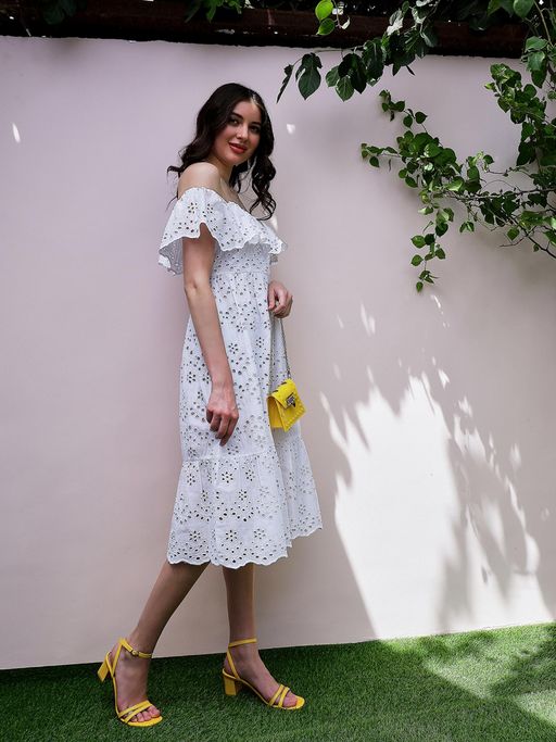 Buy Athena Off-Shoulder Flutter Sleeves Cotton Fit and Flare Dress (XS)  Online