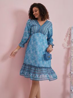 AAREIN - Floral Printed Georgette A-Line Dress - Blue