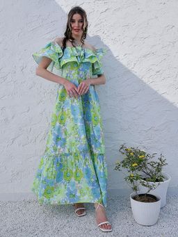 AAREIN - Floral Printed Halter Neck Tiered Gathered Crepe Maxi Dress - Blue