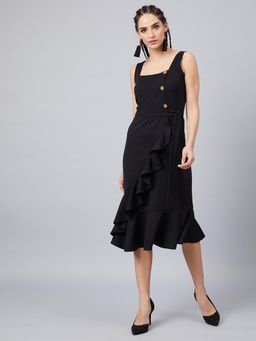 AAREIN - Women Black Solid Fit and Flare Dress with Belt (Set of 2)