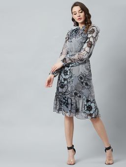AAREIN - Women Grey Floral Printed Fit and Flare Dress
