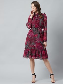 AAREIN - Women Maroon Floral Printed Fit and Flare Dress