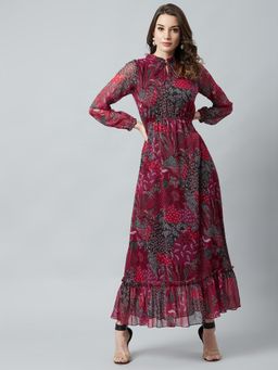 AAREIN - Maroon Floral Printed Maxi Dress