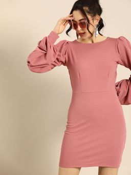 AAREIN - Puff Sleeves Bodycon Dress - Pink