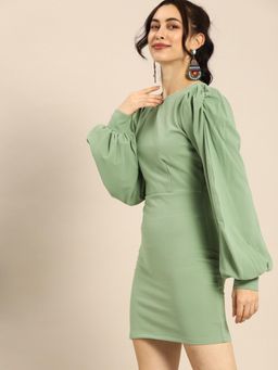 AAREIN - Vintage Olive Green Puff Sleeves Bodycon Dress