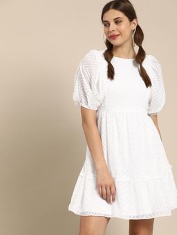 AAREIN - Glorious White Self Design Fit and Flare Dress