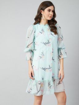 AAREIN - Floral Printed A-Line Dress - Blue
