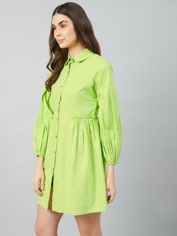 AAREIN - Women Fluorescent Green Cotton Shirt Dress