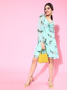 AAREIN - Women Stunning Blue Floral Sweetheart Neck Dress