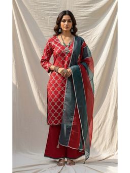 JS Label  - JS LABEL Red Cotton Lurex Kurta with Wide Pant and Dupatta