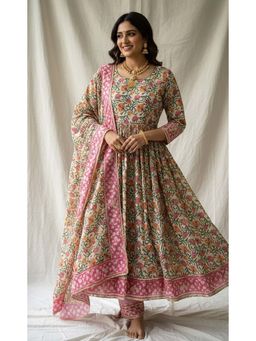 JS Label  - JS LABEL Beige Floral Print Mul Cotton Anarkali with Pant and Dupatta