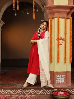Sutra Art of Clothing - Red Jamdani Pujo Kurta with Pant & Dupatta