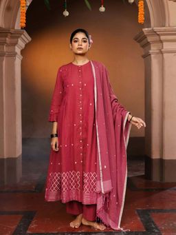 Sutra Art of Clothing - Handloom Pink Pure Cotton Jamdani Kurta with Pant & Dupatta