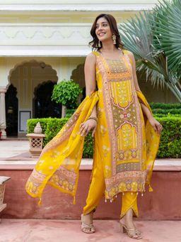 Label S4U - Yellow Ethnic Printed Crepe Kurta with Pant & Dupatta