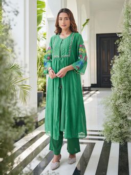 Label S4U - A-Line Green Mul Chanderi Kurta with Pant & Jacket