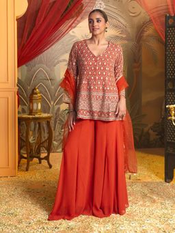 Label S4U - Orange Georgette Embroidered Kurti with Palazzo & Dupatta