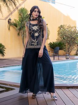 Label S4U - Black Embroidered Kurti with Palazzo & Dupatta