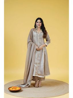 LABEL MAE - Beige Solid Silk Blend Kurta with Pant & Dupatta