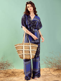 KASSUALLY - Navy Blue Bohemian Print V-Neck Front Knotting Jumpsuit