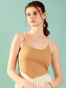 KASSUALLY - Beige Pearl Strap Handkerchief Style Crop Top