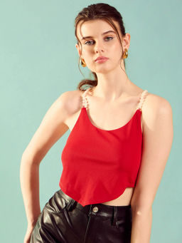 KASSUALLY - Red Pearl Strap Handkerchief Style Crop Top