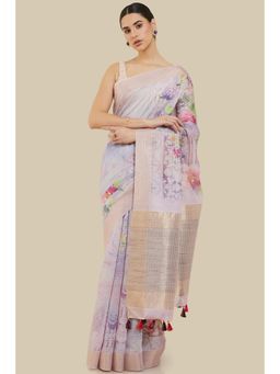 Soch - Women Purple Linen Printed Saree with Unstitched Blouse