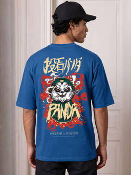 Bewakoof - Men's Blue Stoned Panda Graphic Printed Oversized T-shirt