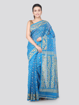 PinkLoom - Womens soft Jamdani Saree without Blouse -Turquoise
