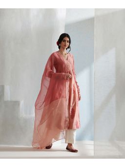 WeaverStory - Old Rose Handloom Chanderi Angarkha with Pants and Organza Dupatta (Set of 3)