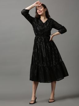 SHOWOFF - Women's V-neck Striped Black Midi Dress