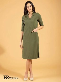 FableStreet - Olive Solid Regular Dress