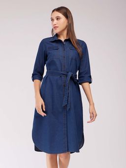 FableStreet - Navy Blue Solid Regular Dress with Belt