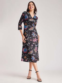 FableStreet - Black Printed Regular Dress