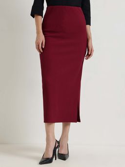 FableStreet - Maroon Solid Straight Skirt