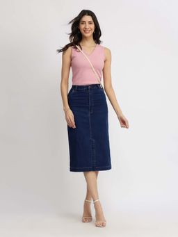 FableStreet - Navy Blue Solid Straight Skirt