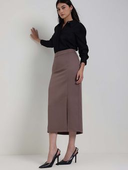 FableStreet - Brown Solid Straight Skirt