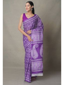 Unnati Silks - Violet Pure Krisha Block Printed Cotton Saree with Unstitched Blouse