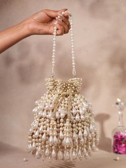 House Of Kosha - Zarah Gold Pearl Georgette Embellished Potli with Detachable Sling Chain